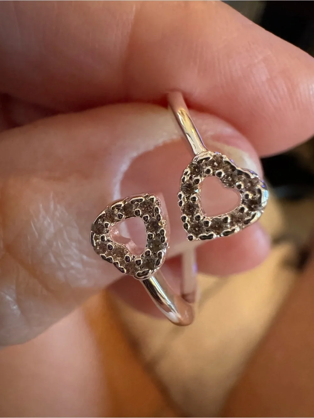 Sterling Plated Double Heart Adjustable Ring in Silver